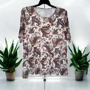 Cato Brown and Cream Paisley Print Boxy Short Sleeve Blouse with Ruffle